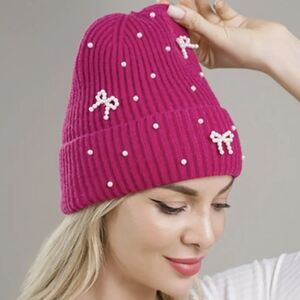 Pink Knit Beanie with Pearl Accents